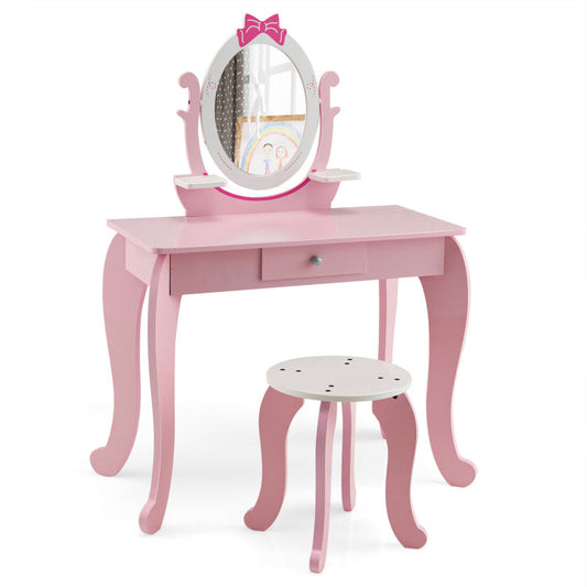 Kid Vanity Table Stool Set with Oval Rotatable Mirror