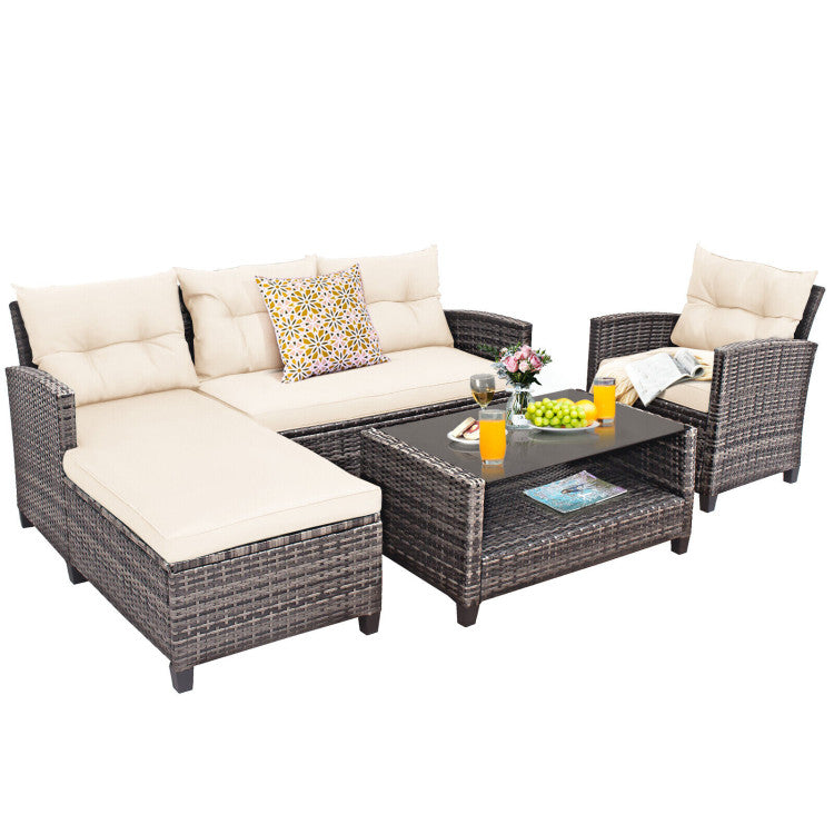 4 Piece Patio Rattan Furniture Set with Cushion and Table Shelf