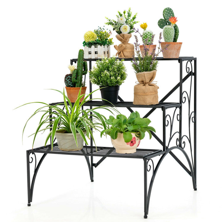 3-Tier Metal Plant Stand with Widened Grid Shelf for Porch Garden