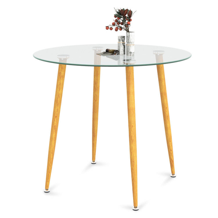 Round Glass Dining Table Leisure Coffee Table with Metal Legs