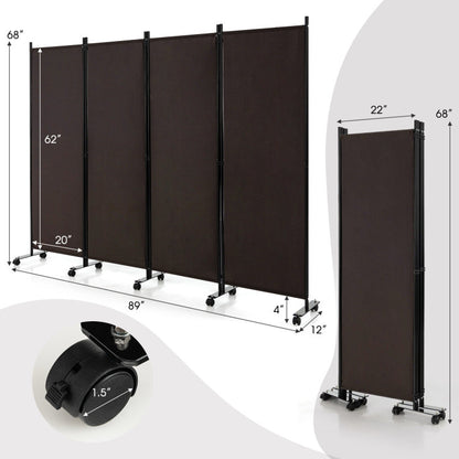 4-Panel Folding Room Divider Privacy Screen with Lockable Wheels
