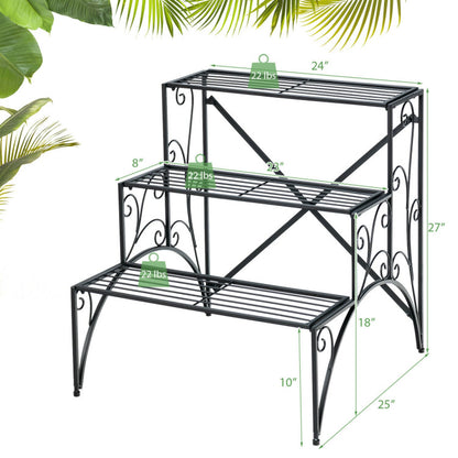 3-Tier Metal Plant Stand with Widened Grid Shelf for Porch Garden