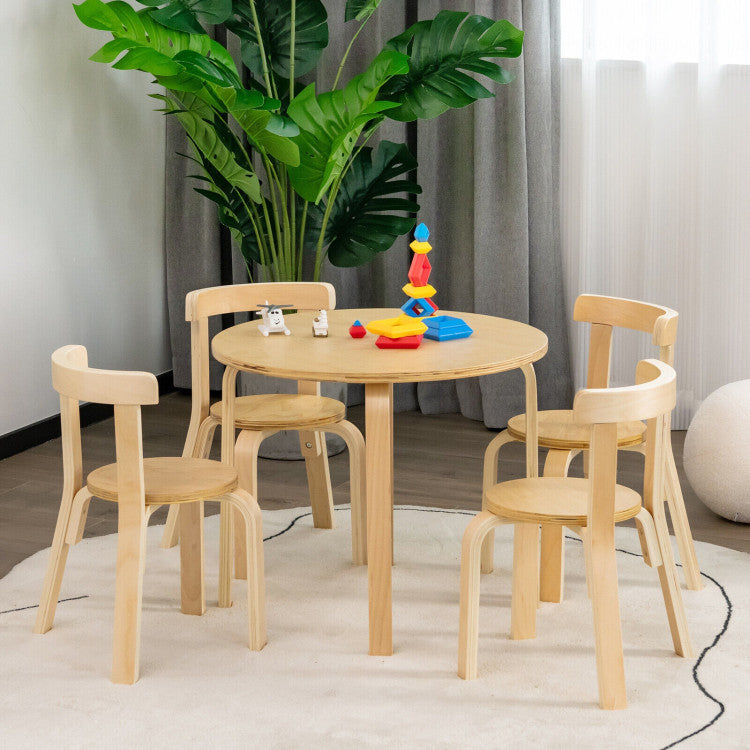 5-Piece Kids Wooden Curved Back Activity Table and Chair Set with Toy Bricks