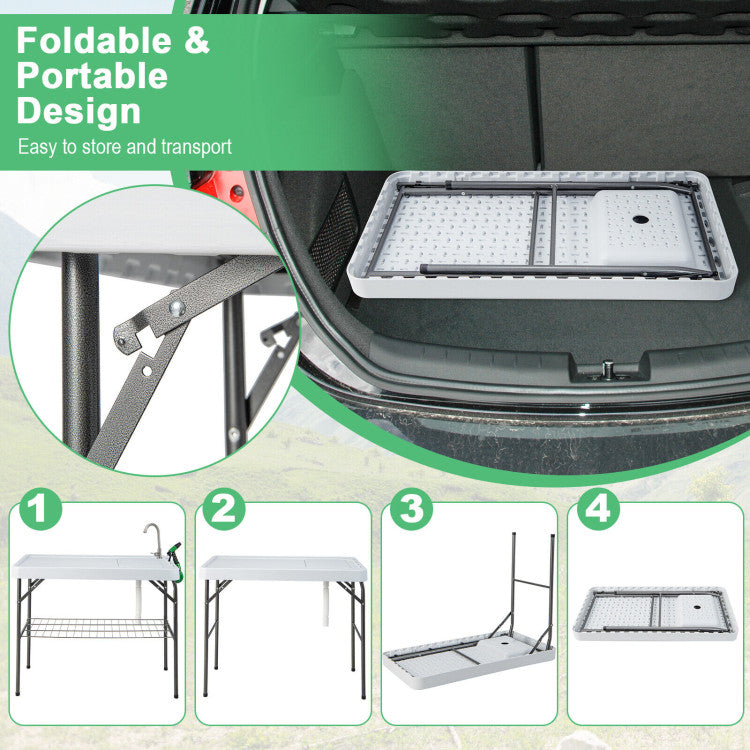 Portable Camping Fish Cleaning Table with Grid Rack and Faucet