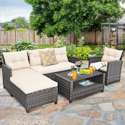 4 Piece Patio Rattan Furniture Set with Cushion and Table Shelf