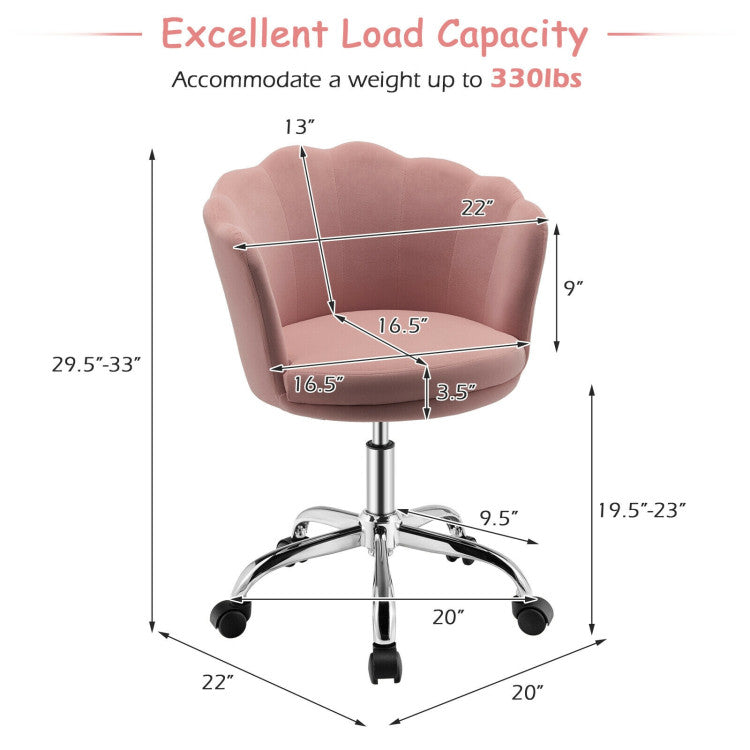 Upholstered Velvet Kids Desk Chair with Wheels and Seashell Back