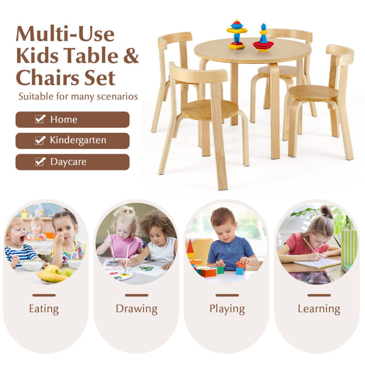 5-Piece Kids Wooden Curved Back Activity Table and Chair Set with Toy Bricks