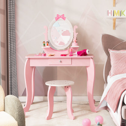 Kid Vanity Table Stool Set with Oval Rotatable Mirror