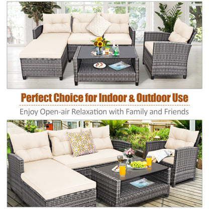 4 Piece Patio Rattan Furniture Set with Cushion and Table Shelf