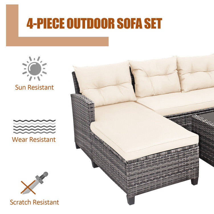 4 Piece Patio Rattan Furniture Set with Cushion and Table Shelf