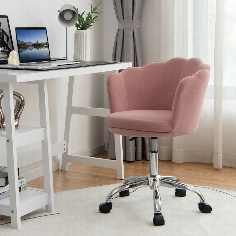 Upholstered Velvet Kids Desk Chair with Wheels and Seashell Back