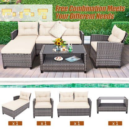 4 Piece Patio Rattan Furniture Set with Cushion and Table Shelf