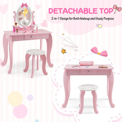 Kid Vanity Table Stool Set with Oval Rotatable Mirror