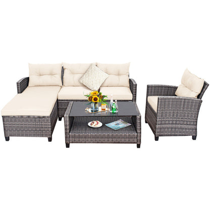 4 Piece Patio Rattan Furniture Set with Cushion and Table Shelf