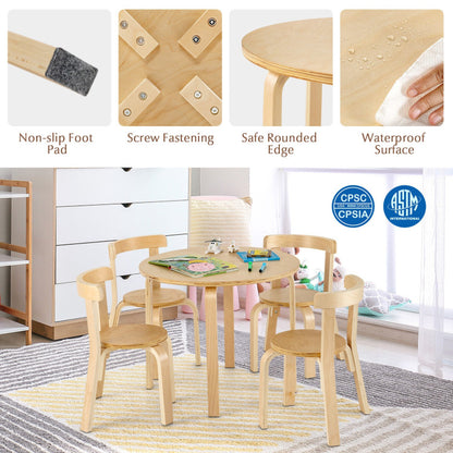 5-Piece Kids Wooden Curved Back Activity Table and Chair Set with Toy Bricks