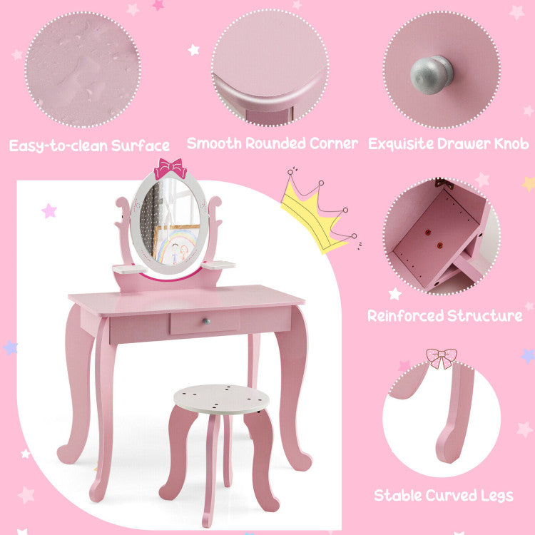 Kid Vanity Table Stool Set with Oval Rotatable Mirror