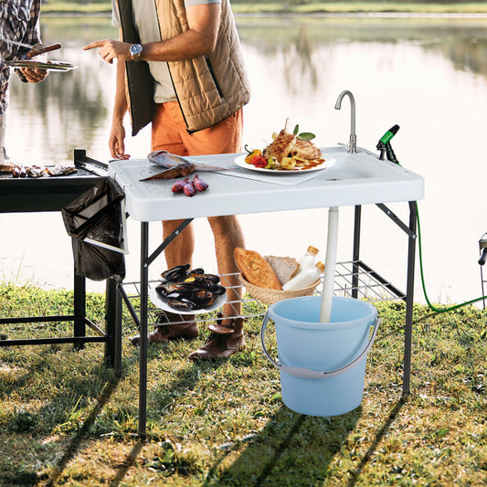 Portable Camping Fish Cleaning Table with Grid Rack and Faucet