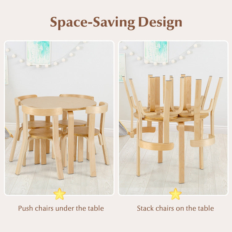 5-Piece Kids Wooden Curved Back Activity Table and Chair Set with Toy Bricks