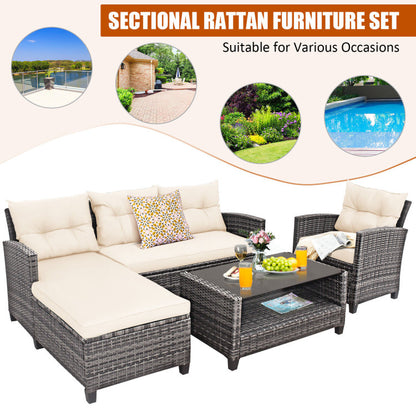 4 Piece Patio Rattan Furniture Set with Cushion and Table Shelf