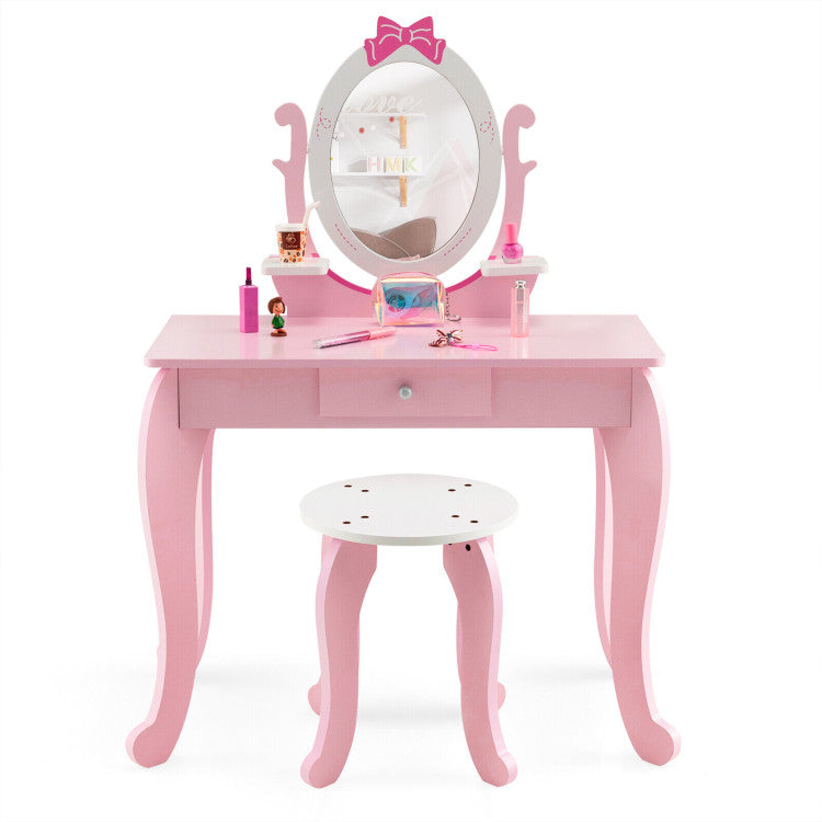 Kid Vanity Table Stool Set with Oval Rotatable Mirror