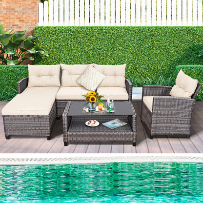 4 Piece Patio Rattan Furniture Set with Cushion and Table Shelf