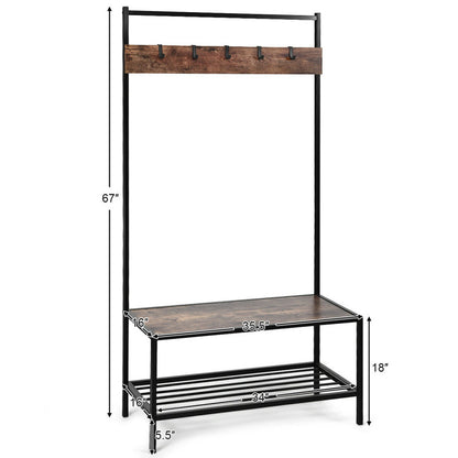 3-in-1 Industrial Hall Tree with Bench and Shoe Storage