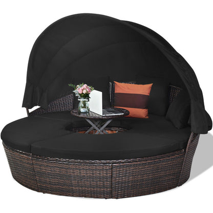 Patio Round Rattan Daybed with Retractable Canopy and Height-Adjustable Coffee Table