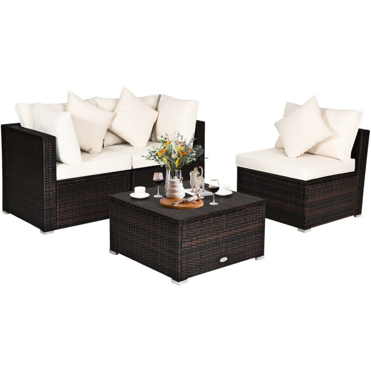 4 Piece Patio Rattan Furniture Set with Removable Cushions and Pillows