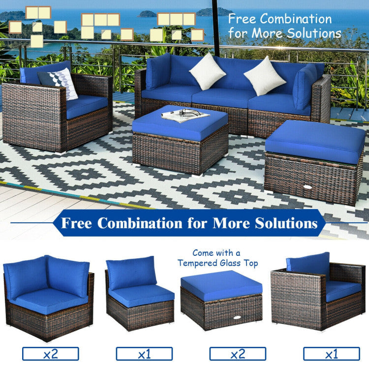 6 Piece Patio Rattan Furniture Set with Sectional Cushion