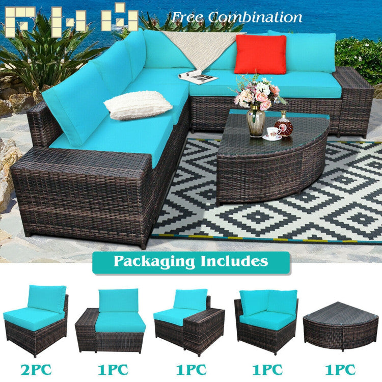 6-Piece Wicker Patio Sectional Sofa Set with Tempered Glass Coffee Table