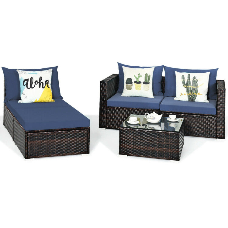 5 Pieces Patio Rattan Sectional Furniture Set with Cushions and Coffee Table