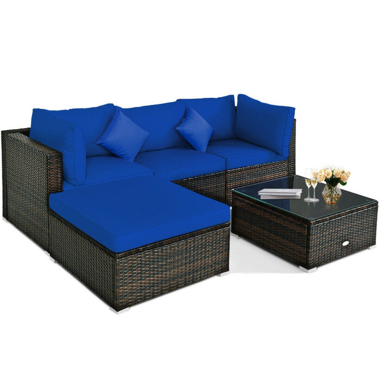 5 Piece Outdoor Patio Rattan Furniture Set Sectional Conversation with Cushions