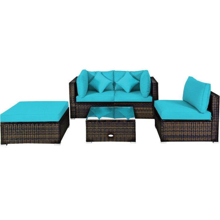 5 Piece Outdoor Patio Rattan Furniture Set Sectional Conversation with Cushions