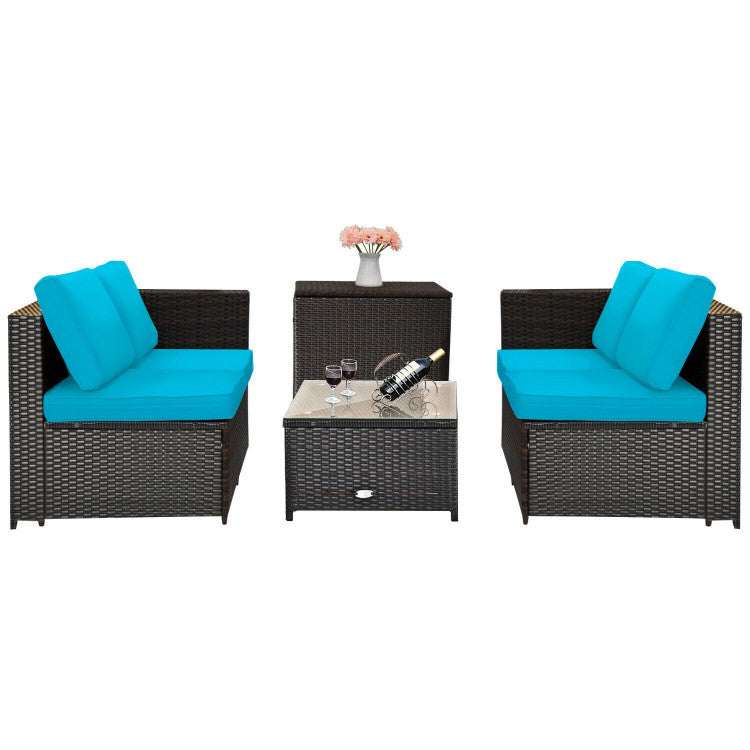 4 Piece Outdoor Patio Rattan Furniture Set with Loveseat and Storage Box