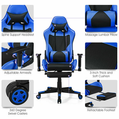 PU Leather Gaming Chair with USB Massage Lumbar Pillow and Footrest