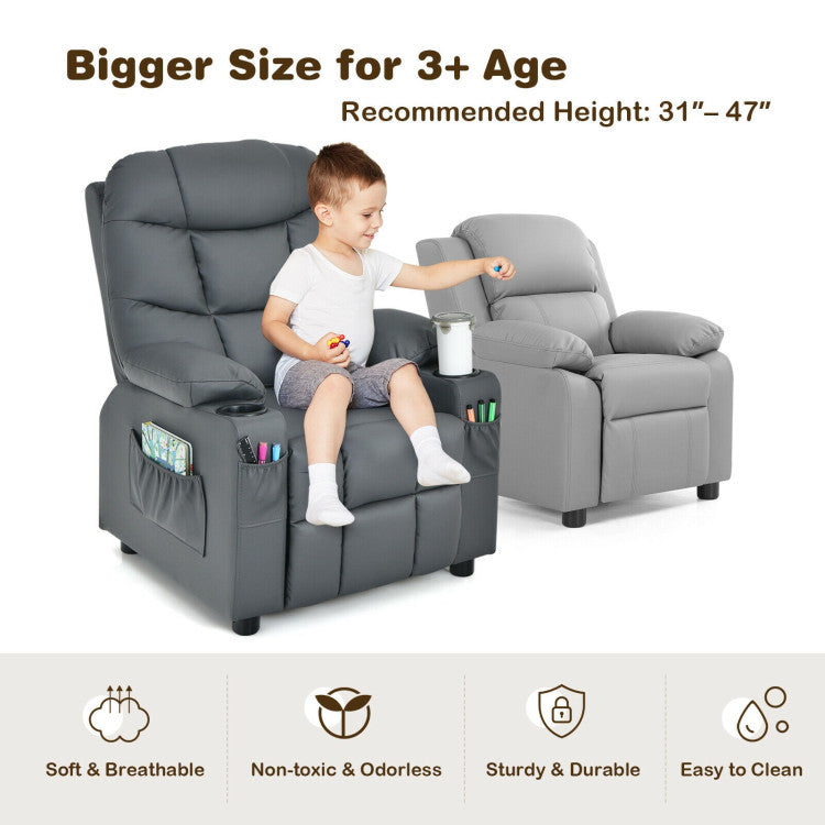 Kids PU Leather/Velvet Fabric Kids Recliner Chair with Cup Holders