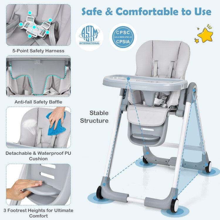 Baby Folding Convertible High Chair with Wheels and Adjustable Height