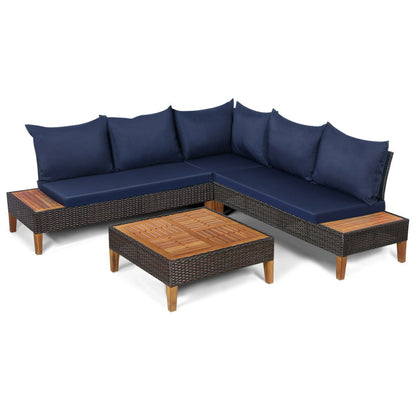 4 Piece Patio Cushioned Rattan Furniture Set with Wooden Side Table