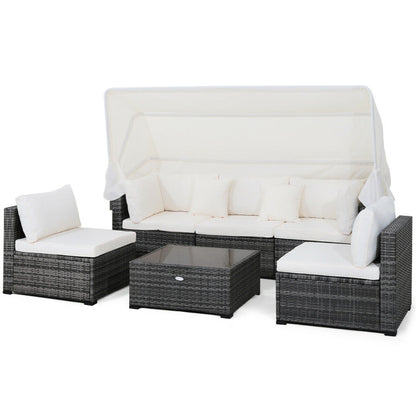 6 Piece Patio Rattan Furniture Set with Retractable Canopy