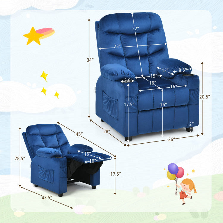 Kids PU Leather/Velvet Fabric Kids Recliner Chair with Cup Holders