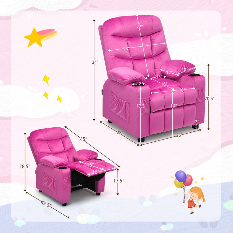 Kids PU Leather/Velvet Fabric Kids Recliner Chair with Cup Holders