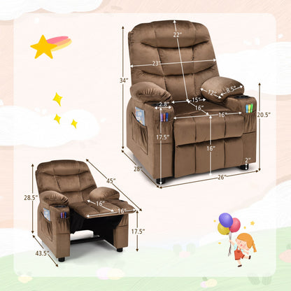 Kids PU Leather/Velvet Fabric Kids Recliner Chair with Cup Holders