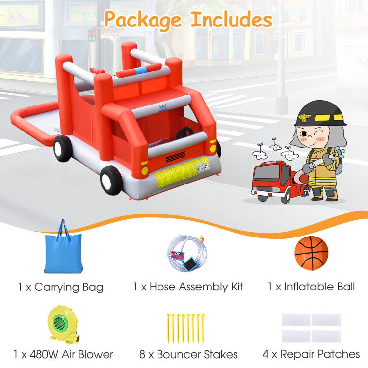 Fire Truck Themed Inflatable Kids Bounce House with 480W Blower