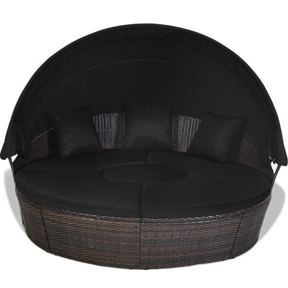 Patio Round Rattan Daybed with Retractable Canopy and Height-Adjustable Coffee Table