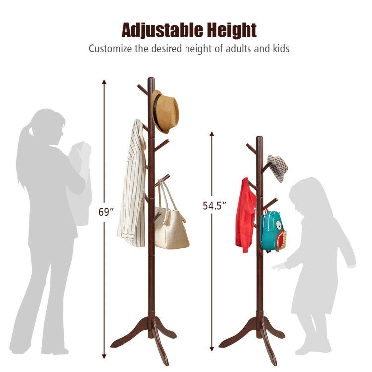 Adjustable Wooden Tree Coat Rack with 8 Hooks