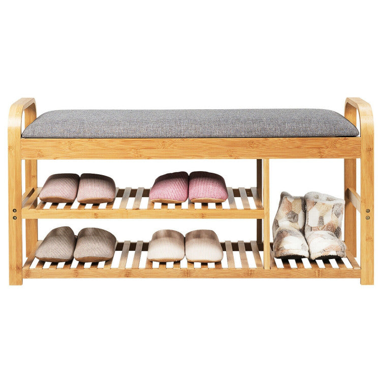 Entryway 3-Tier Bamboo Shoe Rack Bench with Cushion