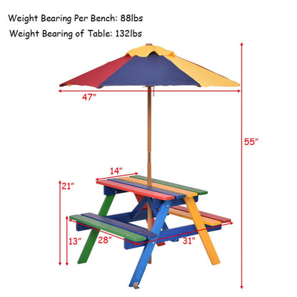 4-Seat Outdoor Kids Picnic Table Bench Set with Removable Umbrella