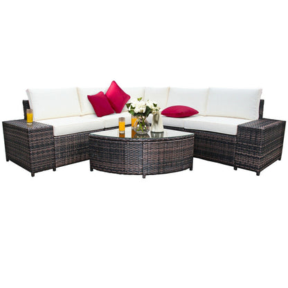 6-Piece Wicker Patio Sectional Sofa Set with Tempered Glass Coffee Table