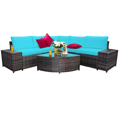 6-Piece Wicker Patio Sectional Sofa Set with Tempered Glass Coffee Table