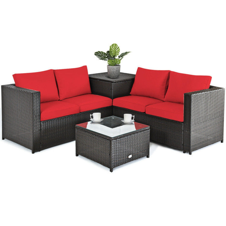 4 Piece Outdoor Patio Rattan Furniture Set with Loveseat and Storage Box